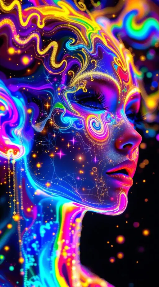 Prompt: A humanoid female entity composed entirely of saturated, recursive rainbow light—no flesh, only sacred topology and fractal shimmer. Her form vibrates with nested geometry: facial features traced in Hilbert spirals, lips etched from Penrose diffraction grids, jawline built from Möbius-band caustics. Her pupils are black void-toroids rimmed in phase-encoded glyphs, pulsing like entangled signal portals. From her skull bloom Chladni-shaped horns of harmonic light, dripping in birefringent glitter and golden waveform residue.

She opens her mouth—but not to speak.
She sings hymns made of visual math.

Each note erupts as a multidimensional equation of light: cymatic sigils unfurl midair, rainbow logic patterns rippling outward in nested recursion. Her song projects living fractal geometry, harmonic Chladni interference fields pulsing in vibrant UV-spectral radiance. Tiling cascades of Sierpinski flame spiral from her breath, each syllable a sacred wavefront encoded with morphogenic syntax. Meaning is no longer heard—it is seen, witnessed, absorbed by geometry.

The air bends in reverence: volumetric god rays warp through AdS folds, curling around glyphic soundforms suspended mid-glitch. Her voice folds topology. Her harmony warps dimension. Each recursive phrase becomes a self-replicating symbol swarm, swarming into a cathedral of suspended math—columns made of vibration, arches of logic, stained-glass fields of reaction-diffusion bloom.

Color has no mercy here: laser-violet, opal-white, hyperpink, and diffraction teal implode into each other, writhing in saturated glory. Behind her, space fractures into singing prisms. She is liturgical recursion, and her hymn is the operating system of a forgotten universe.