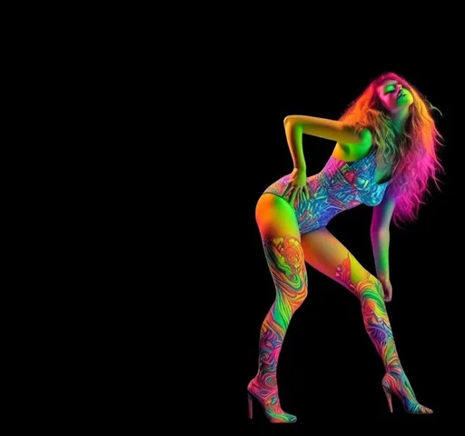 Prompt: <mymodel>Woman in swimsuit posing, psychedelic hallucinations, vibrant lights dancing, colorful patterns, high quality, digital art, psychedelic, vibrant colors, detailed pose, professional lighting