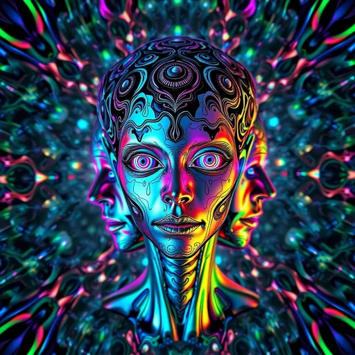 Prompt: A multifaced humanoid figure with kaleidoscopic eyes and fractal, iridescent skin, floating in a prismatic void. The body is layered with holographic drips, oil-slick textures, and liquid rainbow surfaces. Optical illusion patterns—black-and-white moiré and vibrant colored spirals—wrap around the figure, blending with glowing Mandelbrot fractals and sacred geometry. Recursive features repeat through the design: eyes within eyes, faces within faces, spiraling endlessly. The lighting glows from within the being, casting soft chromatic fog and subtle strobe shadows. Framed in a warped, kaleidoscopic close-up composition, with orbiting shards and fractal symmetry. Digital surrealism, glitchcore, sacred-tech aesthetic.
