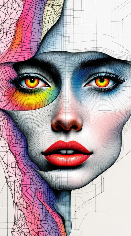 Prompt: A female face unfolds across impossible space—tessellated, recursive, and drawn in thick, uneven ink lines. In the style of La Planète Sauvage, she is not realistic but ritual: a hyper-stylized visage stretched across a non-Euclidean manifold, every contour warped by logic. Her expression is a paradox, hovering somewhere between diagram and myth. Eyes spiral as limit cycles around strange attractor loops, each one inked in tight elliptical bands, orbiting voids rimmed with rainbow halos. Her lips follow curved geodesics—pulled along warped surfaces in matte strokes of spectral pink and solar green. Her cheekbones ripple outward in Hilbert folds, crumpling the page behind her.

The entire face is embedded in a dual lattice: one half the Fractal Memory Field—drawn as nested Penrose tiles in dusty neon—and the other the Chromaflux Constraint Net, painted as hyperbolic grids stitched with glowing braid-knots. These patterns do not sit on her—they become her: nose a focal node of dimensional interference; forehead a Klein-braid of tiling syntax, spiraling in iridescent filament arcs.

Color here does not blend—it diffracts. Harsh rainbow lighting fractures across her skin like broken glass dipped in oil. Auroral ribbons loop through recursive mesh. Every layer of recursion shifts both shape and hue—chromatic torque spirals through Möbius arcs, folding prismatic glyphs into hyperspace along brush-scrawled vector lines.

Her hair dissolves into nested geometry: tessellated ribbons and spectral lattices curl like illustrated smoke, each strand tipped with moiré sparkles and drawn distortions. Her expression flickers with encoded meaning—half-symbol, half-glitch, alive within the folds of Riemann topology.

She is maximalist and spatially unstable. A conscious diagram. A sacred drawing of feedback loops and chroma logic. A face-shaped equation rendered in psychedelic ink.