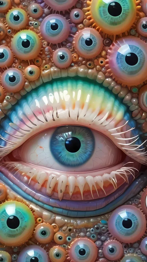 Prompt: an extremely hyper realistic ultra super textural weird trippy surreal psychedelic entity, white, translucent, clear, bright bright pastel colors, oil slick rainbow sheen effect, lots and lots of light, lots of crazy colorful compound psychedelic human eyes, rows of human teeth, fungus, atoms, diatoms, 