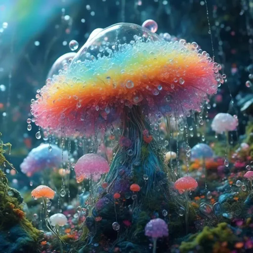 Prompt: <mymodel> an extremely hyperrealistic ultra textural life-infused, living breathing rainbow, white puffy clouds, droplets of water, rain, mist, lots of light, prism reflections, spectrum creature, , extreme organic & mineral textures