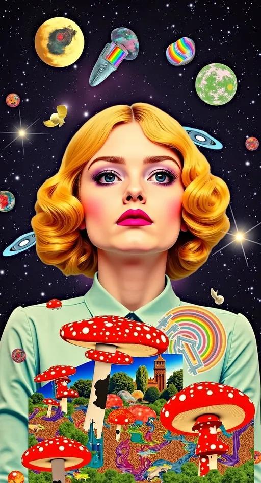 Prompt: a psychedelic collage reminiscent of 70s psychedelic sci fi collage artwork celebrating a girl on mushrooms. It is to feature a photograph of a woman with blond curly hair that is edited by splicing it with other images from photographs, magazines, newspapers, illustrations/paintings to create the impression she is high on magic mushrooms. The work will include such elements as a psychedelic 3rd eye open, stars and planets, trippy optical illusions and patterns, psilocybin cubensis mushrooms, fractals, UFOs, aliens, geometric shapes, auras, rainbow spectrums, sacred geometry, trippy drippy stuff, psychedelic hallucinations, open eyes, landscapes of astral worlds<mymodel>