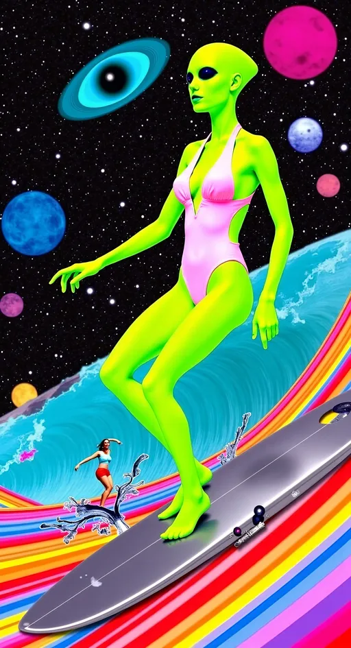 Prompt: Let's refine that cosmic surfing adventure:

**Astral Surfing Queen - AI Art Prompt**

Create an artwork featuring our iconic green-skinned alien babe, rocking a retrofuturistic swimsuit that blends vintage style with sleek, modern design. Picture her surfing an astral wave made entirely of vibrant colored light and abstract astral matter, gliding effortlessly through the vast expanse of the astral plane.

She's "hanging 10," her toes gripping the edge of a metallic, futuristic surfboard that gleams with an otherworldly sheen. The board is adorned with intricate patterns and glowing accents, reflecting the advanced technology of her cosmic culture.

Her expression is one of pure joy and exhilaration, as she rides the astral wave with the grace and skill of a seasoned surfer. Her bald conical head and large, solid black almond-shaped eyes add an extra layer of mystique to her carefree demeanor.

The background is a dazzling display of cosmic elements—swirling nebulae, twinkling stars, and trails of astral light that create a sense of motion and energy. The astral wave itself is a dynamic flow of luminous colors and abstract forms, embodying the ethereal and ever-changing nature of the astral realm.

Incorporate surfing terms like "carving" and "cutback" to describe her fluid movements as she navigates the astral waves with precision and flair. Let her pose and the overall composition capture the thrill and freedom of surfing through the cosmos.

Balance hyperrealistic textures with an illustrative, artistic style, capturing the playful and adventurous essence of this astral surfing queen. Let the fine details and vibrant colors transport viewers into a realm where surfing meets the extraterrestrial, in a celebration of cosmic joy and exploration. 🌌🏄‍♀️👽

Let this prompt inspire a piece that's as dynamic and visually captivating as it is uniquely yours!