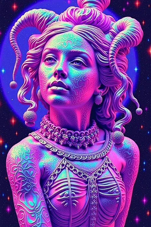 Prompt: Create a super hyperrealistic, finely detailed psychedelic Nouveau illustration of a Cosmic Jester. Feature the word MERRYPRANXTER worked organically into the background somehow.  This enchanting character is a merry prankster of the cosmos, an astral jokester dancing through time and space. She exudes a jester vibe, wearing feminine holographic jester attire & makeup with a feminine, harlequin twist. Not human, but humanoid, she is crafted from vibrant colored light, embodying an extra-dimensional extraterrestrial essence. Her presence is a beacon of joy, as she laughs and twirls through the cosmic astral realms, elevating vibes wherever she roams. 

Her beauty is otherworldly, with long, curly hair that shimmers like a cascade of colored light, appearing blonde yet transcending earthly hues. Her eyes sparkle with mischievous wisdom, and her attire is a dazzling array of intricate patterns and swirling colors, reminiscent of both jester garb and celestial phenomena.

Incorporate the text "the merrypranxter" above her in smaller, elegant lettering, seamlessly blending into the cosmic background. This text should capture the essence of her playful spirit, as if it were a whisper from the universe itself. The illustration should radiate her vibrant energy, portraying her as a timeless wanderer spreading joy and wonder throughout the cosmos.