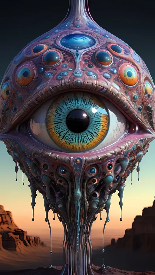 Prompt: Surreal psychedelic non-humanoid creature, ultra realistic hyperrealism beyond human comprehension, entity, trippy, crazy inhuman eyes, multidimensional, fractal, noneuclidien geometries geometric shapes tesseracts, melting, drips, hyper dimensional, drippy, aura, alien, extraterrestrial, extra dimensional,bizarre, ineffable, numinous, counsciousness, strange, unnerving but beautiful, biolocal, mechanical, blobs, atoms, particals, eyes