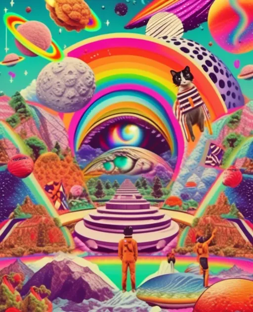 Prompt: a psychedelic collage with a vintage 70s sci animation feel to it except the theme is 90s internet memes. It is to be a collage of photographs and illustrations, outer space, planets, landscapes, optical illusion patterns, geometric shapes, eyes, hands, body parts, with rainbows, 404 error warnings, hamsters, cats, hot dogs, hamburgers, llamas, pickles, candy, chips, pixels, orbs, 90s style iconography spliced together with a vintage 70s psychedelic collage effect<mymodel>