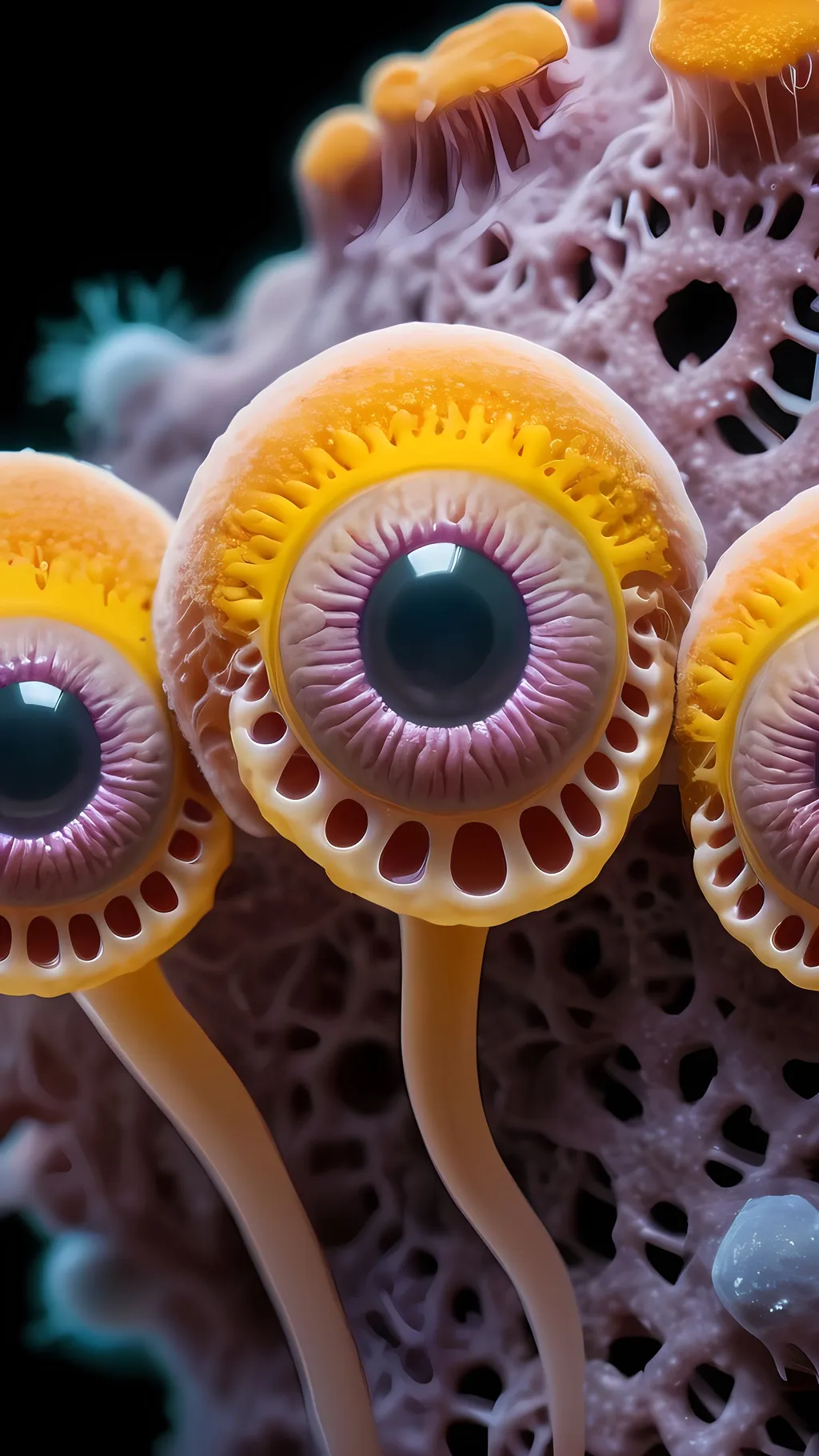 Prompt: A trippy extremely hyperrealistic psychedelic surreal slime mold creature, bright pastel colors and lots of light, lots of crazy trippy psychedelic human eyes, human teeth, EYES,FACE plasmodium, sporangium, sclerotium, amoeboid cells, fruiting body, spores, cytoplasmic streaming, cellular slime molds, acellular slime molds, aggregation, pseudoplasmodium, stalk, capillitium, myxamoebae, chemotaxis, phagocytosis, sporulation, germination, protoplasmic network, vegetative phase, reproductive phase, swarm cells, hyphae, peridium, columella, hypothallus, sporangia, sporocarps, trophozoite, encystment. 
