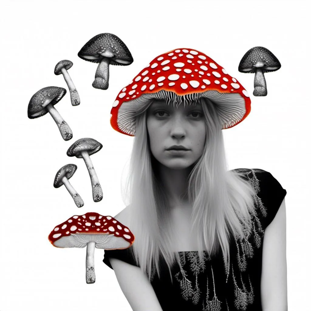 Prompt: a mixed media collage of a girl wearing or growing mushrooms/fungus as clothing body parts and accessories. She is a black and white or halftone photograph, the mushrooms and fungal growths are to be mixed media, including but not limited to paint, enamel, foils, glitter, sparkle, sequins, found objects, natural items, rhinestones etc <mymodel>