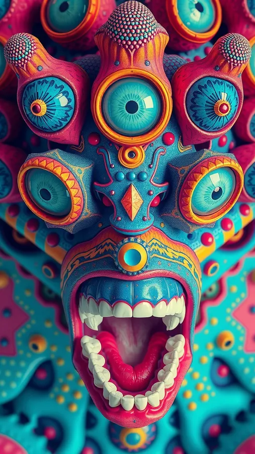 Prompt: Create an extremely hyper-realistic, ultra super textural, weird, trippy, surreal, psychedelic eyes/teeth/mouth creature/entity based on “metatron’s cube” with lots of human eyes (crazy colorful compound psychedelic), rows of human teeth, human lips, and tongues. 

- **Colors**: determined by the properties and expressions of the elements (& their isotopes), minerals, and metals: Nickel (Ni), Aventurine, Chrysoberyl

**Shapes and forms**
- “Metatron's Cube”
-other shapes determined by the natural properties and expressions of the elements (& their isotopes), minerals, metals, and biological organisms: diatoms, Nickel (Ni), Aventurine, Chrysoberyl


- **Textures**: Derived from any/all elements (& their isotopes), minerals, metals, crystals, organic things mentioned in this prompt: “Metatron's Cube” Nickel (Ni), Aventurine, Chrysoberyl

**Composition and Layout**:
- a pattern/design based on the “Metatron's Cube”

**Lighting**lots and lots of bright shining reflective light
- Trichroism


**Detail and Atmosphere**:
- Extreme hyperrealistic sharp high detail high definition organic and mineral textures
- Psychedelic, weird, odd, surreal atmosphere
- Frozen in time

**Additional Elements**:
- extra rows of teeth, lips, many eyes, diatoms, “Metatron's Cube” , Aventurescence, Chatoyancy
