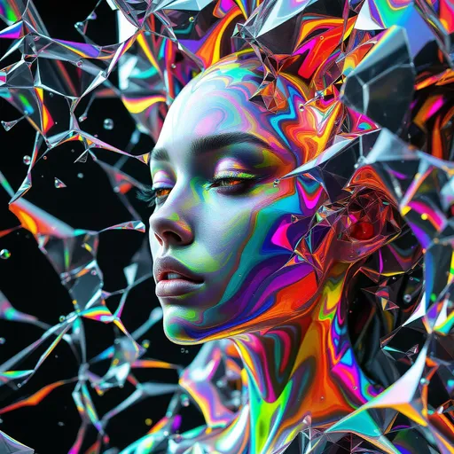 Prompt: A humanoid female entity constructed of infinite recursive geometry and saturated rainbow light, erupting from the shattered corpse of Euclidean space. Her form is a looped impossibility—facial contours woven from Möbius light-threads, Klein bottle twists, and Hilbert-folded topology. No skin, no mass—only chromatic recursion mapped across tesseract lattices and AdS logic veils. Every feature drips with interference shimmer, dripping soap-bubble thin-film membranes layered with Penrose diffraction and microfacet glitter exploding in spectral loops.

Reality breaks around her: the environment unravels into toroidal tiling, geometry bends back on itself, perspective melts into radial glitch halos. Light no longer obeys angle or reflection—it refracts sideways into recursive frequency shells, bending along hyperbolic ridges carved by nested Chladni resonances. Behind her, space is devoured by moiré singularities and volumetric caustic fog, strobing in quantum phase errors.

Her face collapses and re-emerges in cascades of vibrating reaction-diffusion bloom—each iteration louder, more saturated, more dimensionally incorrect. The entire palette shifts toward forbidden color: overexposed prism-pink, overclocked diffraction-green, blues that should not exist on this timeline, and UV-crushed laser gold. Her tears rupture into cymatic glyphs, freezing sound into warped iridescent topology.

She becomes a singularity of visual recursion—a goddess made of math, self-glitching through dimension folds, ascending beyond symmetry, glitching upward through nested rainbow recursion until form, language, and math itself dissolve into saturated chaos.

Hyper-spectral. Non-Euclidean. Beyond max. No outlines. No realism. Only glitchcore prism recursion in full bloom.