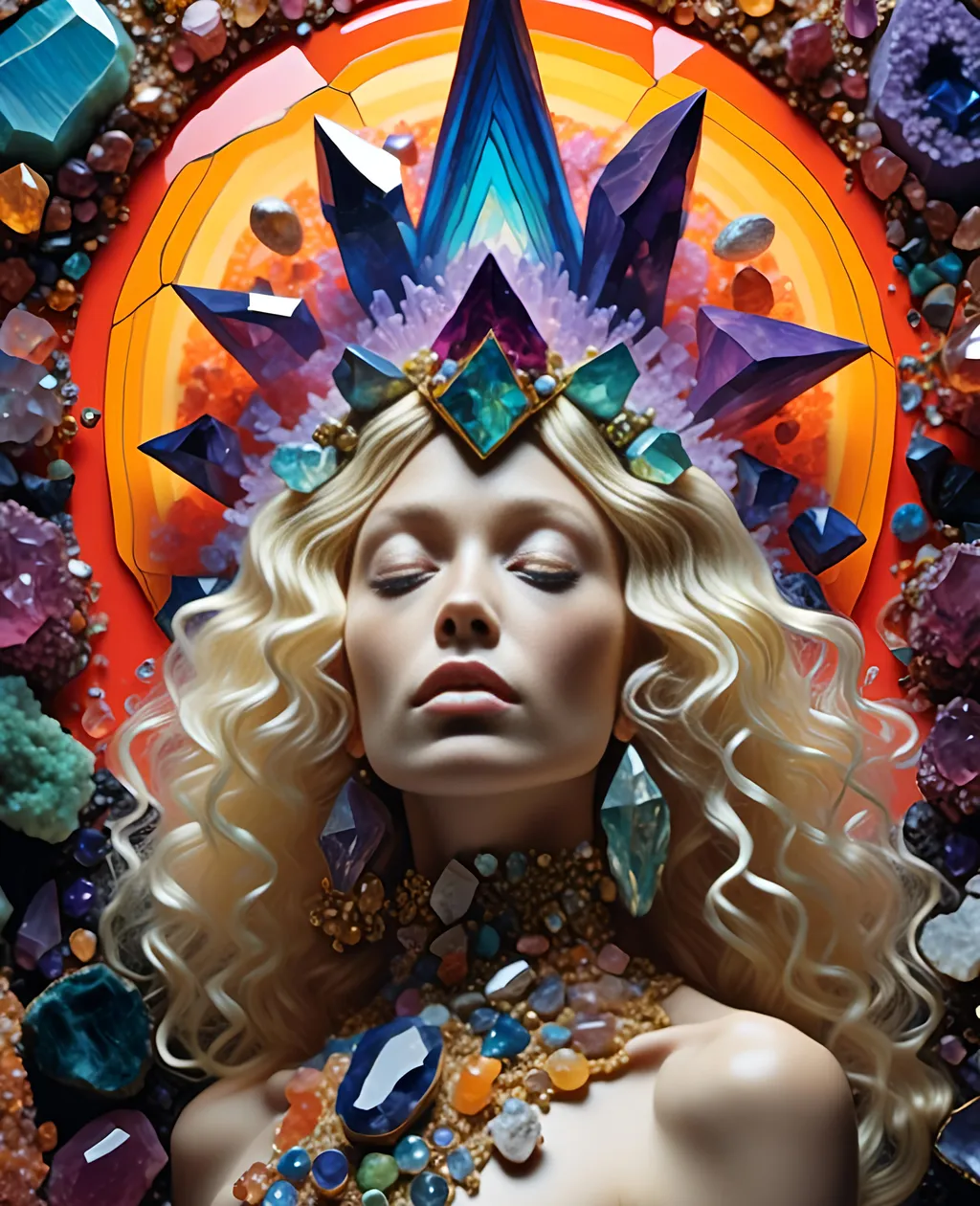 Prompt: <mymodel>ego death, woman long blond curly hair, figurine,  trippy extremely ultra hyperrealistic, high texture high detail psychedelic hallucination created entirely out of Gemstone, gemstones, crystals, crystal, psychedelic, texture, ego death, geometric shapes, fractals made out of gemstones gemstone textures minerals mineral texture banding crystals crystal clusters formations