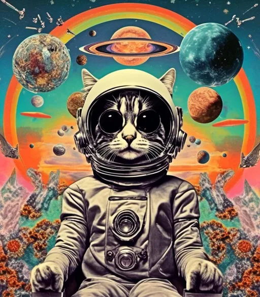 Prompt: a psychedelic collage with a vintage 70s sci-fi animation feel to it except the subject matter will be CATS IN SPACE! The collage will have elements of photography, illustration, trippy patterns and optical illusions, alien landscapes, strange trippy planets, UFOs,, meteors, all cut and spliced together in a psychedelic collage style <mymodel>