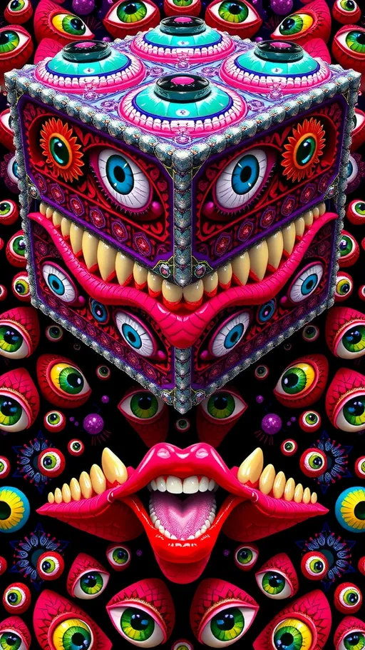 Prompt: Create an extremely hyper-realistic, ultra super textural, weird, trippy, surreal, psychedelic eyes/teeth/mouth pattern/design based on “metatron’s Cube” with lots of human eyes (crazy colorful compound psychedelic), rows of human teeth, human lips, and tongues. 

- **Colors**: determined by the properties and expressions of the elements (& their isotopes), minerals, and metals: Nickel (Ni), Aventurine, Chrysoberyl

**Shapes and forms**
- “Metatron's Cube”
-other shapes determined by the natural properties and expressions of the elements (& their isotopes), minerals, metals, and biological organisms: diatoms, Nickel (Ni), Aventurine, Chrysoberyl


- **Textures**: Derived from any/all elements (& their isotopes), minerals, metals, crystals, organic things mentioned in this prompt: “Metatron's Cube” Nickel (Ni), Aventurine, Chrysoberyl

**Composition and Layout**:
- a pattern/design based on the “Metatron's Cube”

**Lighting**lots and lots of bright shining reflective light
- Trichroism


**Detail and Atmosphere**:
- Extreme hyperrealistic sharp high detail high definition organic and mineral textures
- Psychedelic, weird, odd, surreal atmosphere
- Frozen in time

**Additional Elements**:
- extra rows of teeth, lips, many eyes, diatoms, “Metatron's Cube” , Aventurescence, Chatoyancy
