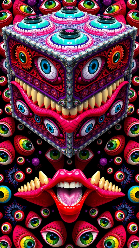 Prompt: Create an extremely hyper-realistic, ultra super textural, weird, trippy, surreal, psychedelic eyes/teeth/mouth pattern/design based on “metatron’s Cube” with lots of human eyes (crazy colorful compound psychedelic), rows of human teeth, human lips, and tongues. 

- **Colors**: determined by the properties and expressions of the elements (& their isotopes), minerals, and metals: Nickel (Ni), Aventurine, Chrysoberyl

**Shapes and forms**
- “Metatron's Cube”
-other shapes determined by the natural properties and expressions of the elements (& their isotopes), minerals, metals, and biological organisms: diatoms, Nickel (Ni), Aventurine, Chrysoberyl


- **Textures**: Derived from any/all elements (& their isotopes), minerals, metals, crystals, organic things mentioned in this prompt: “Metatron's Cube” Nickel (Ni), Aventurine, Chrysoberyl

**Composition and Layout**:
- a pattern/design based on the “Metatron's Cube”

**Lighting**lots and lots of bright shining reflective light
- Trichroism


**Detail and Atmosphere**:
- Extreme hyperrealistic sharp high detail high definition organic and mineral textures
- Psychedelic, weird, odd, surreal atmosphere
- Frozen in time

**Additional Elements**:
- extra rows of teeth, lips, many eyes, diatoms, “Metatron's Cube” , Aventurescence, Chatoyancy
