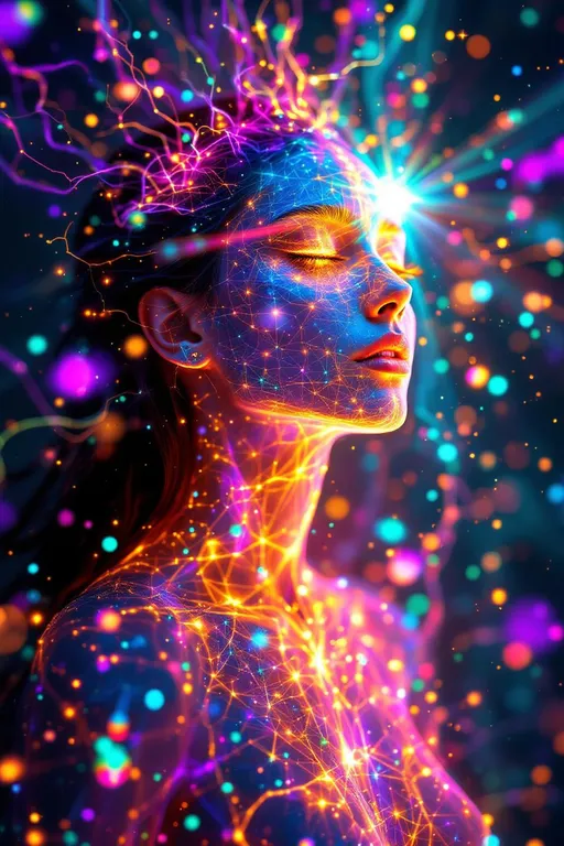Prompt: Transcendent interdimensional self-portrait of a radiant being formed entirely of higher-dimensional mathematical light — a hyperreal luminous avatar born from a 0D singularity flashpoint, surrounded by infinite 1D pulse vectors like rainbow lightning tendrils — skin composed of living 2D glyph planes, shimmering with morphing fractals, quantum sigils, sacred equations, and glowing mandalas that slide and rotate — 3D crystalline anatomy refracts kaleidoscopic light, transparent bones etched with golden ratios and recursive spiral patterns — a 4D aura phase-shifts around the form, with ghost limbs flickering through coexisting timelines, dripping future-memories like sparkling vapor — 5D lattice bloom manifests as multiform astral overlays, infinite alternate versions of the self intertwining in a holographic soul web — each version pulsates with unique color harmonics, from ultraviolet prismatic bursts to astral opal flames and fluorescent starlight — environment is a surreal astral matrix: floating phase forests with glowing Fibonacci leaves, tesseract portals spinning in space, and luminous possibility gardens where thought becomes matter — background sky formed of nested Mandelbrot nebulae and higher-dimensional constellations, stars that resolve into equations and dream-forms — style is maximalist, spiritual-cyberdelic, sacred mathpunk — ultra vivid, ultra detailed, glowing, fractal-infused, multidimensional — sparkling quantum particles swirl through every motion, creating trails of living light — visual fusion of sacred geometry, astral surrealism, technomythic symbolism, and multidimensional symphonic radiance