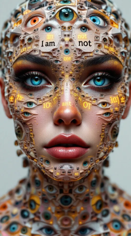 Prompt: A maximalist, hyper-saturated portrait of a clothed paradox empress shown from shoulders upward, her torso visible but modestly covered in fractal fabrics. She is literally built from faces: dozens, hundreds, an architecture of visages layered, tiled, and peeling across flesh. Primary face frontal and hyper-crisp, yet its surface peels open into smaller faces; each cheek contains a tiny portrait, every eyelash sprouts an eye that contains another tiny face, mouths nested like Russian dolls. Some faces are masks adhered and being removed, some are portraits painting portraits, some are mirrors reflecting faces that deny their reflections. Faces tile into Penrose mosaics, faces spiral into Mandelbrot clusters, faces fracture into Cantor dust and then re-emerge as new faces. Each face both affirms and denies itself: inscriptions across brows read “I am not” in glowing glyphs, then dissolve into truth statements that self-erasure cancels. Eyes across her skin blink asynchronously—open and closed at once—creating a temporal paradox; smiles bloom and then retract mid-pixel. Hair is a crown of fractal tendrils that weave faces into strands: Möbius masks, Klein-bottle visages, Fibonacci coils of tiny mouths singing silence. Mathematical sigils and equations pulse through countenances: Euler chrome flashes, ζ(s) waves across foreheads, Gödel glyphs tracing the outlines of cheekbones. The whole is acid-neon maximalism: molten magenta, radioactive green, ultraviolet cyan, searing gold, glittering chrome gradients, dazzling sparkle and lens-flare dust. Background is Escherian: staircases of faces rising and falling, mirrors reflecting mirrors of faces that do not exist yet. Render ultra-crisp 8K photoreal detail for central face while allowing cascading faces and textures to devolve into fractal hallucination—paradox, multiplicity, recursion, and denial embodied in one many-faced goddess.
