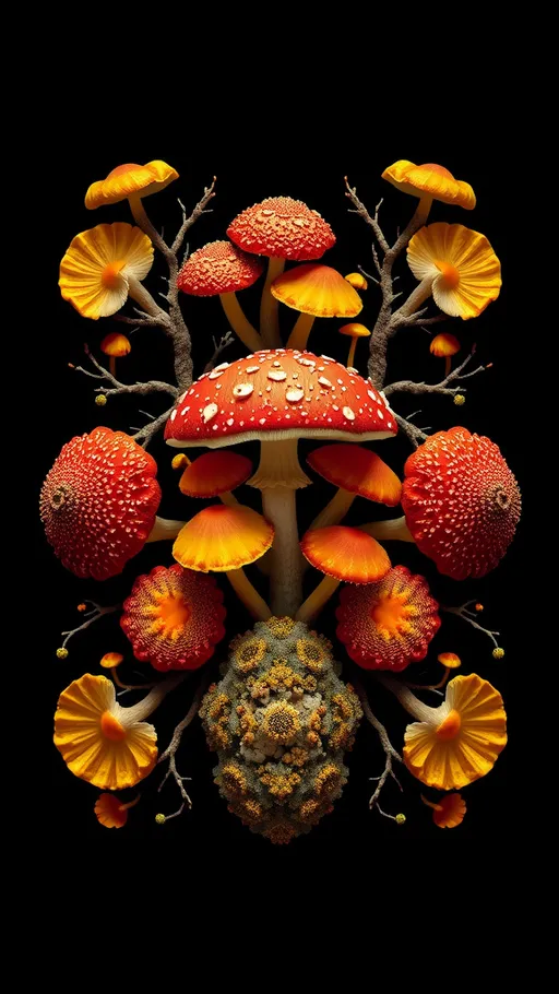 Prompt: A bilaterally symmetrical psychedelic art design grown from the following fungi:

1. **Amanita Muscaria**: Known for its iconic red cap with white spots, this mushroom adds a bold pop of color and classic mushroom shape.

2. **Bioluminescent Mycena**: These tiny, glowing mushrooms bring an ethereal, otherworldly light to the composition.

3. **Lichen**: With its intricate, branching structures and varied colors, lichen adds texture and complexity.

4. **Slime Mold (Physarum polycephalum)**: Known for its vibrant yellow and dynamic movement, slime mold introduces a sense of motion and fluidity.

5. **Reishi (Ganoderma lucidum)**: This fungus, with its glossy, fan-shaped caps, adds a rich, earthy tone and smooth texture.

**Psychedelic Design Description:**

Imagine a bilateral symmetrical design where these fungi grow and intertwine into a perfect piece of psychedelic art. At the center, Amanita Muscaria mushrooms form a radiant sunburst pattern, their red caps creating a vibrant focal point. From the center, Bioluminescent Mycena mushrooms spread outward, their gentle glow casting a mystical light across the entire piece.

Encircling the Mycena are delicate strands of Lichen, their branching forms creating intricate lace-like patterns that weave through the design. Slime Mold flows around the edges, its bright yellow tendrils forming dynamic, swirling shapes that suggest movement and energy.

Finally, Reishi mushrooms anchor the corners of the piece, their smooth, fan-shaped caps providing balance and grounding with their rich, earthy tones. The entire composition is mirrored across a central axis, creating a harmonious and symmetrical display that draws the viewer into a psychedelic realm where nature's beauty is amplified in kaleidoscopic wonder.
