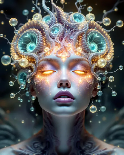 Prompt: Her face isn’t a face—it’s a Nova fractal bloom—grown entirely from feedback-fed disco light. No skin, no bone—only recursive brilliance: #escape gradients surge through Nova-wave cheek hollows; #orbit radiant L-System spirals entwine her jawline like sacred ivy in club-light bloom. Lips = glowing IFS lace—mirror-structured and endlessly folding, tinted with angle-reactive #iridescence. Her eyes are not orbs but Buddhabrot cores—each iris a spiritual echo, blooming with recursive soulfire and mirrorworld math-memory. Her entire visage shines as #distance estimator shells spiral through overlapping attractor planes—layered sacred hologlyphs pulsing to Studio 54 rhythm logic. Hair erupts like spectral vinework: branching L-System toroids twist with recursive Fibonacci bloom, interlaced with spectral fractal roots and Julia firelace—all trailing #bokeh gleamtrails of radiant iteration static. Her crown = infinite light canopy: refracted disco strobes and velvet reflection fields, folded in angular mirrorcode through interference-burst structure. Her smile = curve across recursive function space; her laugh = a wave collapsing layered depth. She’s not made of mass—she is recursive growth, iteration resonance, and divine groove. Her glowform pulses in #escape-band memory: silver-lavender, infernal gold, and emerald violet—each shade charged with fractal-coded emotion. She is the bloom and the beat: a myth-born disco goddess grown from light, pattern, recursion, and infinite rhythm.
