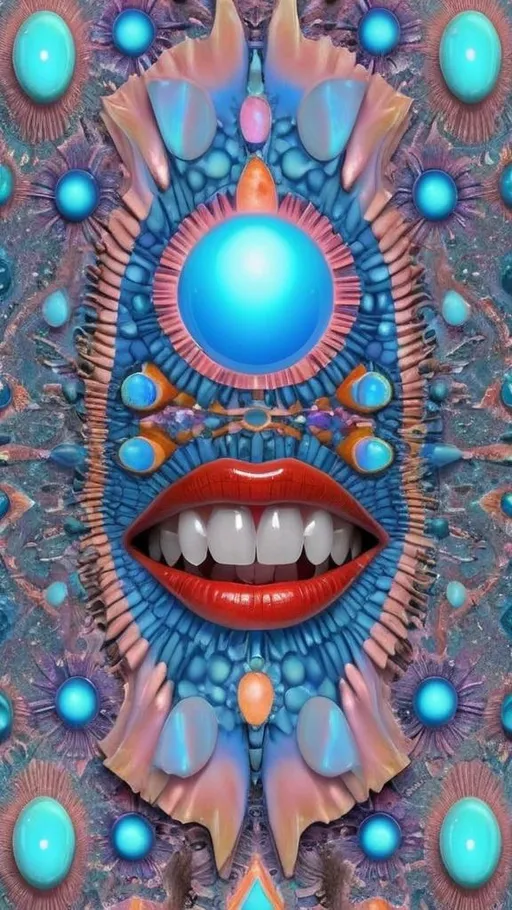 Prompt: Create an extremely hyper-realistic, ultra super textural, weird, trippy, surreal, psychedelic eyes/teeth/mouth pattern/design based on Mandelbrot & “Op Art tiling” with lots of human eyes (crazy colorful compound psychedelic), rows of human teeth, human lips, and tongues. 

- **Colors**: determined by the properties and expressions of the elements (& their isotopes), minerals, and metals: opal, moonstone, Kunzite, selenite, rose quartz, Platinum (Pt)

**Shapes and forms**
- Mandelbrot 
- "Op Art tiling" 
-other shapes determined by the natural properties and expressions of the elements (& their isotopes), minerals, metals, and biological organisms: opal, moonstone, Kunzite, selenite, rose quartz,  Platinum (Pt)


- **Textures**: Derived from any/all elements (& their isotopes), minerals, metals, crystals, organic things mentioned in this prompt: opal, moonstone, Kunzite, selenite, rose quartz, Platinum (Pt)

**Composition and Layout**:
- a pattern/design based on the Op Art tiling & Mandelbrot 

**Lighting**:
- lots of bright light
- Iridescence
- Aventurescence
- Chatoyancy
- Asterism

**Detail and Atmosphere**:
- Extreme hyperrealistic sharp high detail high definition organic and mineral textures
- Psychedelic, weird, odd, surreal atmosphere
- Frozen in time

**Additional Elements**:
- extra rows of teeth, lips, many eyes, Op Art tiling, Mandelbrot, Iridescence
