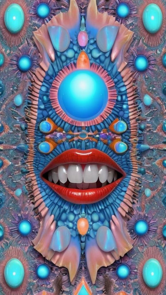 Prompt: Create an extremely hyper-realistic, ultra super textural, weird, trippy, surreal, psychedelic eyes/teeth/mouth pattern/design based on Mandelbrot & “Op Art tiling” with lots of human eyes (crazy colorful compound psychedelic), rows of human teeth, human lips, and tongues. 

- **Colors**: determined by the properties and expressions of the elements (& their isotopes), minerals, and metals: opal, moonstone, Kunzite, selenite, rose quartz, Platinum (Pt)

**Shapes and forms**
- Mandelbrot 
- "Op Art tiling" 
-other shapes determined by the natural properties and expressions of the elements (& their isotopes), minerals, metals, and biological organisms: opal, moonstone, Kunzite, selenite, rose quartz,  Platinum (Pt)


- **Textures**: Derived from any/all elements (& their isotopes), minerals, metals, crystals, organic things mentioned in this prompt: opal, moonstone, Kunzite, selenite, rose quartz, Platinum (Pt)

**Composition and Layout**:
- a pattern/design based on the Op Art tiling & Mandelbrot 

**Lighting**:
- lots of bright light
- Iridescence
- Aventurescence
- Chatoyancy
- Asterism

**Detail and Atmosphere**:
- Extreme hyperrealistic sharp high detail high definition organic and mineral textures
- Psychedelic, weird, odd, surreal atmosphere
- Frozen in time

**Additional Elements**:
- extra rows of teeth, lips, many eyes, Op Art tiling, Mandelbrot, Iridescence
