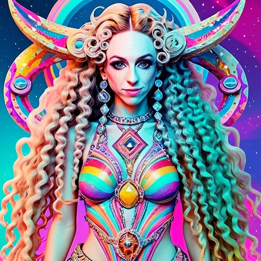 Prompt:  
"A radiant astral being with long wild curly hair dressed in avant-garde, iridescent clothing and accessories made entirely of sparkling light and fractals. The figure is glowing with cosmic energy, wearing an elaborate outfit that defies earthly fashion: flowing, asymmetrical designs with sharp angles and soft curves, crafted from swirling, colorful fractal patterns and shimmering, translucent light. The clothing features intricate details of kaleidoscopic geometry, glowing opalescent textures, and holographic accents that pulse with energy. Accessories include a bold, fractal crown or headpiece that radiates celestial light, statement earrings made of cascading star-like particles, and layered bracelets that refract into infinite rainbows. The overall vibe is futuristic, surreal, and unapologetically avant-garde, blending elements of high fashion with psychedelic aesthetics. The background is a glowing astral plane with swirling nebulas, fractal clouds, and sparkling cosmic dust, enhancing the ethereal and otherworldly vibe."
