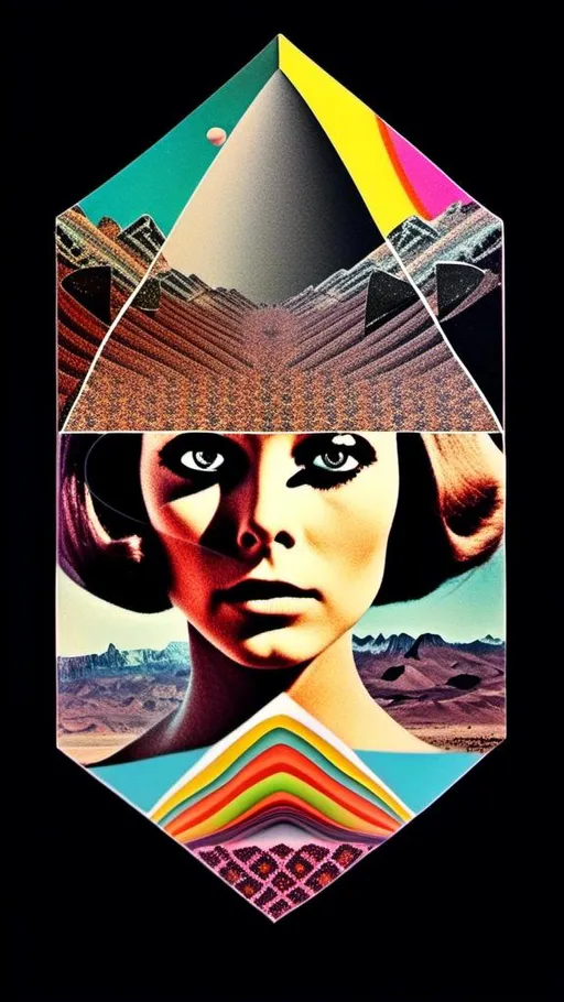 Prompt: a vintage 70s surreal psychedelic collage featuring a photograph of a young woman - it has a vintage 70s surreal science fiction art house feel to it. The photograph is cut out and edited into a collage made up of other photographs and art and feature things such as eyes, psychedelic third eyes, planets and stars, desert alien landscapes and mountains, psychedelic trippy patterns and optical illusions, psychedelic mushrooms, cats, UFOs, etc all mixed up together to create a surreal psychedelic collage effect<mymodel>