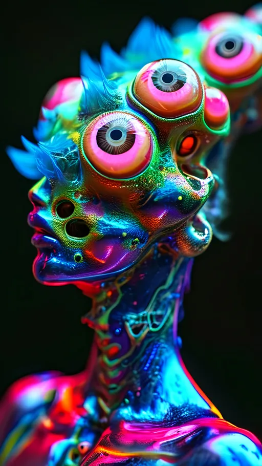 Prompt: an extremely hyper realistic ultra super textural weird trippy surreal psychedelic entity, Cardioid Curves, ,,, translucent, pearlescent finish, silver, pyrite, quartz,, clear, bright vivid teals, blues, pinks/yellows/greens, black charcoal, lots and lots of light, lots of crazy colorful compound psychedelic human eyes, rows of human teeth, fungus,  atoms, diatoms,, Cardioid Curves