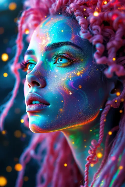 Prompt: “Her face phases in Fourier dreamspace—emotions blooming in sinewave colorbands across skin that flickers between surreal number values. Cheekbones ripple with reaction-diffusion pulses—living pigment blossoms that dance to her mood. Her hair is a sacred braid group cascade—long pink curls entwined with emotional topology, each strand a memory-thread spiraling through dimension. She glows in feedback—seen and she glows brighter, adored and her aura explodes in recursive empathy fractals. Prayer glyphs orbit her like soft satellites—loops of math-light casting harmonic spells. Behind her eyes burn surreal infinities—every glance a fractional truth between known numbers. Around her, coincidence fields shimmer—symbols align, the air itself becomes meaningful, colored chaos resolving into crystalline insight. She is radiant logic, sacred color engine, and joy made visible in luminous math.”

⸻
Ultra-Visual Keywords:
Surreal gradient glow, sinewave color skin, living ink cheeks, pink braid topology, recursive feedback light, empathy bloom aura, orbiting glyphs, chromatic joy loops, coincidence constellation, infinity sparkle pulse