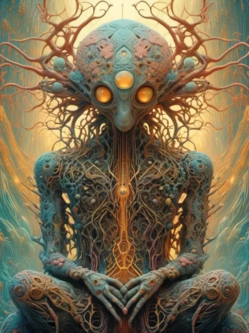 Prompt: <mymodel> an extremely hyperrealistic, ultra super textural psychedelic knowledge entity, ancient alien language, runes, carved, bold bright pastel colors, lots of light, granite, gold, silver, copper, Thoth, writing, big exposed brain, neurons, synapses, electric, extreme organic/mineral/skin textures