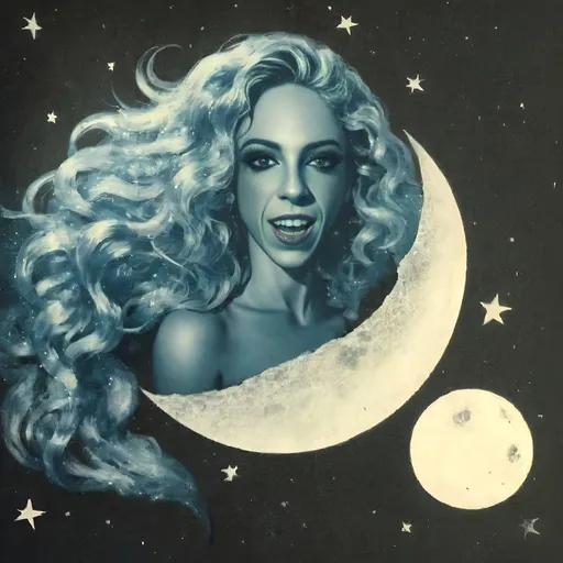 Prompt: Vintage Cyanotype print of a alien girl on the moon, long curly blond hair,  detailed silhouette, vintage artistic style, cool tones, subtle moonlight, high quality, cyanotype print, vintage, detailed silhouette, moon, girl, subtle lighting, cool tones