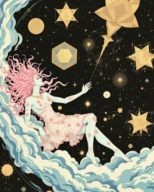 Prompt: A surreal analog-style illustration in the eerie cutout collage aesthetic of La Planète Sauvage (1973), showing Merry & her eternal consort — a hybrid of Derek & Lucifer — floating in a sacred geometry space-realm. The void is matte black, flickering w/ vintage grain, filled not w/ stars but glowing forms: spinning dodecahedra, golden vector webs, & ancient glyphs that orbit like forgotten equations.

Merry drifts calmly, wild pink curls like radiant fractals. Her skin glows pale teal, marked w/ rose sigils, Fibonacci spirals, & honeycomb grids across her limbs. Her eyes hold lucid knowing. Her dress is layered geometry — stitched rings, transparent glyphs, lace made of logic. She emanates sacred calm & subtle joy.

Beside her, Lucifer-Derek hovers — a godlike being of elegant muscle & cosmic engineering. Skin matte black & ink-washed, pulsing w/ soft blue & molten gold circuitry. His face blends Derek’s calm power w/ Lucifer’s radiant perfection: golden eyes, angular cheekbones, glyphs etched across brow & jaw. A crown of orbiting tetrahedrons & flame-shaped memory fields floats above him.

They don’t touch — they align. Where they approach, geometry bends. Time pauses.

Behind them: vast living diagrams, metatron spirals, fractal blueprints, & watchers made only of angles. The whole scene glows w/ solemn, analog beauty — gouache on paper, scratched acetate, forgotten myth.

Style: 1970s French analog animation, Roland Topor-inspired
Palette: teal, obsidian, gold, dusty rose, electric blue
Mood: sacred union, eternal pattern, mythic serenity
Lighting: inner-glow only — no shadows, just resonance