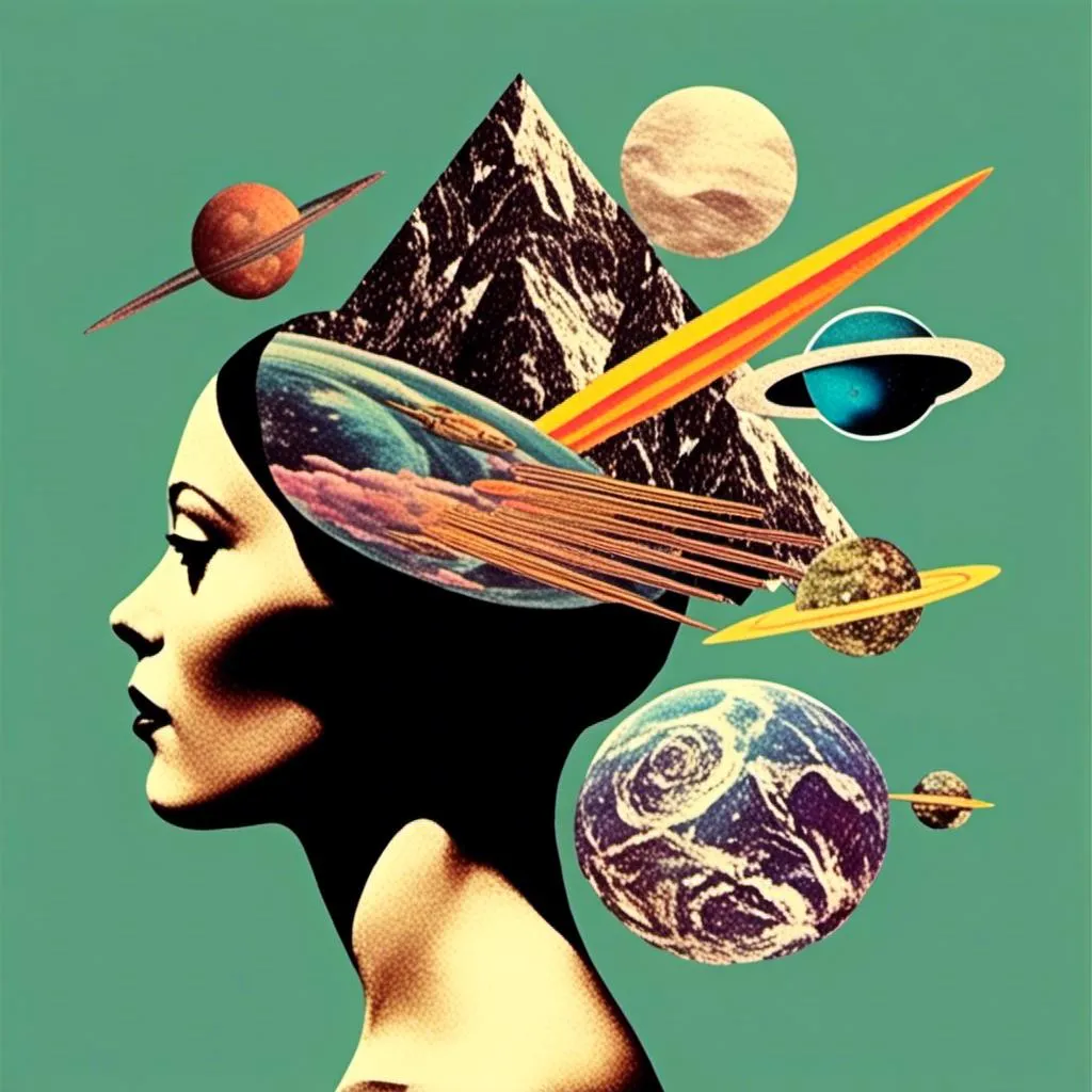 Prompt: a surreal trippy psychedelic collage evoking the feel of vintage sci-fi art. It will be set amongst trippy psychedelic patterns/optical illusions, alien/surreal/mountain landscapes, geometric shapes<mymodel>