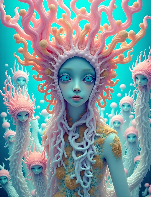 Prompt: Create an enchanting and surreal landscape featuring slime molds at various stages of reproduction, magnified to a macro scale that reveals their intricate beauty. The scene is a kaleidoscope of vibrant pastel pinks, oranges, and aquamarine blues, echoing a retro psychedelic aesthetic. Nestled within this organic tapestry is a caucasian slim woman with long wild pink very curly hair and blue eyes, her form subtly integrated into the landscape, as if she is part of the natural cycle. Her eyes, a striking blue, gaze out from amidst the undulating forms of the slime molds, which twist and coil around her like living jewelry.

The style is reminiscent of a combination of Ernst Haeckel's scientific illustrations and the psychedelic art movement, with a focus on hyper-realistic detailing that captures the delicate textures and translucent qualities of the slime molds. The medium appears to be a digital painting, with a high level of detail that brings the surreal forms to life. The mood is otherworldly and contemplative, inviting viewers to explore the hidden beauty of these often-overlooked organisms. The lighting is soft and ethereal, casting gentle highlights and shadows that enhance the organic forms and create a sense of depth. The outlines are fluid and organic, blending seamlessly into the background, creating a harmonious and immersive scene.