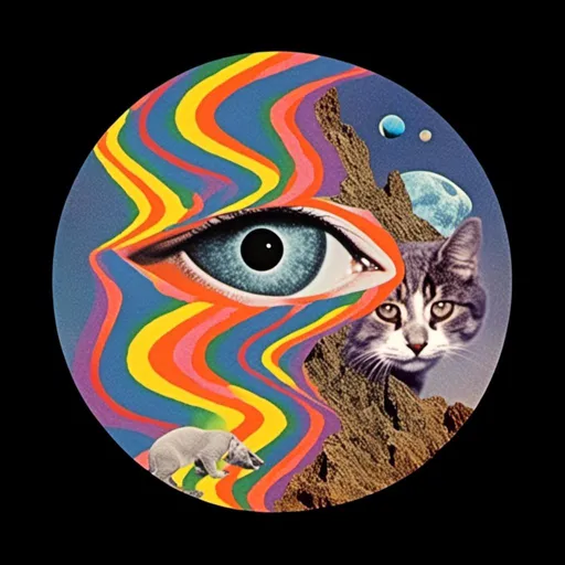 Prompt: <mymodel>Vintage 70s psychedelic surreal sci-fi. Surreal psychedelic Collage Featuring trippy psychedelic patterns/optical illusions in geometric shapes/arrangements/interspliced with images of KITTY cats, eyes, and rainbow spectrums, spliced with images of surreal/alien/mountainous landscapes, planets and moons and asteroids, mushrooms, all cut up and mixed together to create a cool trippy vintage sci-fi psychedelic collage