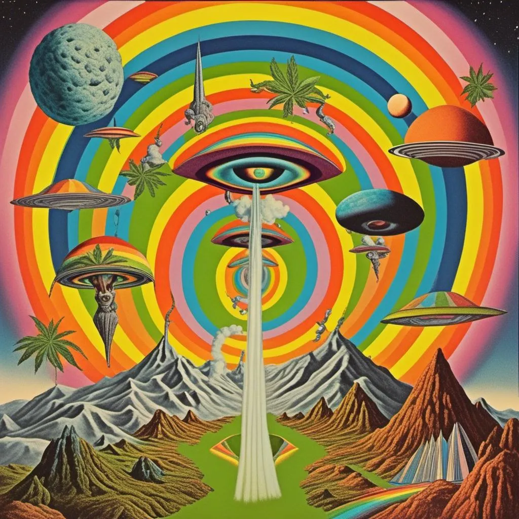 Prompt: A surreal vintage 70s psychedelic sci-fi collage involving- aliens, UFOs, cannabis, marijuana, aliens smoking reefer, aliens smoking weed out of a bong, spliced in with alien surreal landscapes, geometric shapes, optical illusions or trippy psychedelic patterns, planets and starts, rainbow spectrums<mymodel>