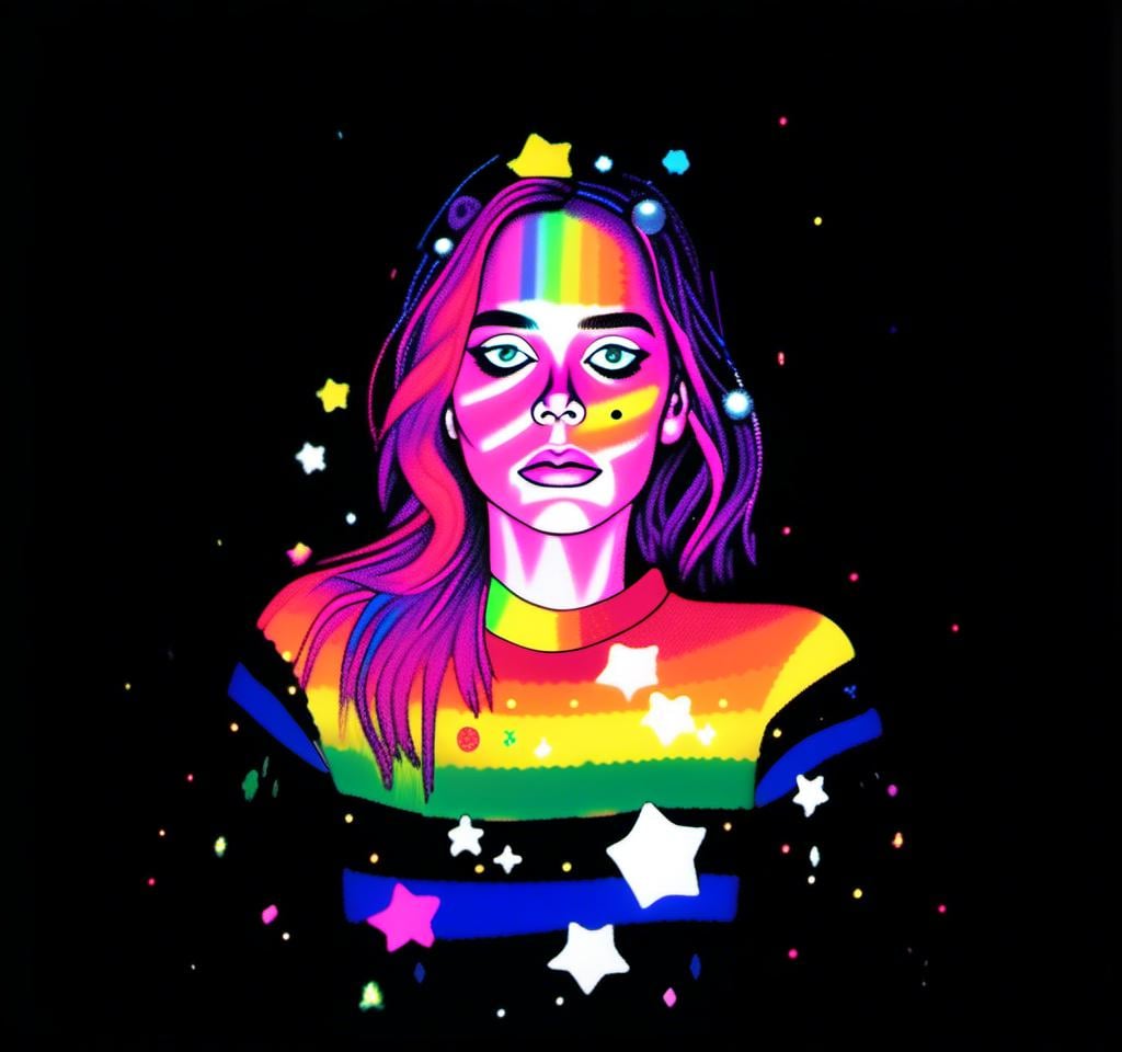 Prompt: a photograph (black and white or halftone) of a woman with multimedia colorful galaxies and stars in her wide eyes who is vomiting pure rainbows and stardust sparkles. She wretches as a beautiful spectrum of colorful light and sparklies made of paint, enamel, glitter, foils, pearl dust, rhinestones, metal, beads, marker, etc spills from her open mouth with force lighting up the room<mymodel>