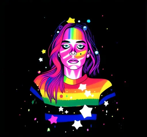 Prompt: a photograph (black and white or halftone) of a woman with multimedia colorful galaxies and stars in her wide eyes who is vomiting pure rainbows and stardust sparkles. She wretches as a beautiful spectrum of colorful light and sparklies made of paint, enamel, glitter, foils, pearl dust, rhinestones, metal, beads, marker, etc spills from her open mouth with force lighting up the room<mymodel>