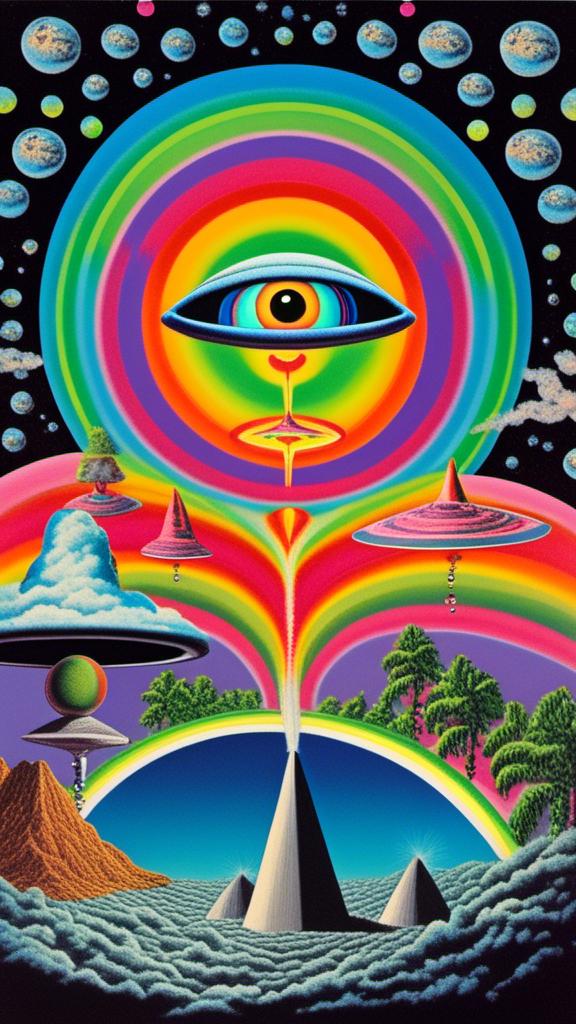 Prompt: A surreal vintage 70s psychedelic sci-fi collage involving- aliens, UFOs, cannabis, marijuana, aliens smoking reefer, aliens smoking weed out of a bong, spliced in with alien surreal landscapes, geometric shapes, optical illusions or trippy psychedelic patterns, planets and starts, rainbow spectrums<mymodel>