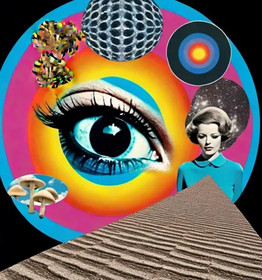 Prompt: <mymodel>,Vintage 70s psychedelic sci-fi collage, analog, cut and paste, surreal weird bizarre, woman, shrooms, psilocybin cubensis, liberty caps, magic psychedelic mushrooms, eyes, mouths, fractals, optical illusions, geometric shapes, bizarre landscapes, grainy, retro, aged, magazine cutouts, photos, drawings, psychedelic patterns, image noise, vintage, surreal, vibrant colors, fantasy, trippy lighting, detailed composition, highres, vibrant, surreal, woman with long blond very curly hair, aged, hot pink, green, orange, teal, black and white, purple