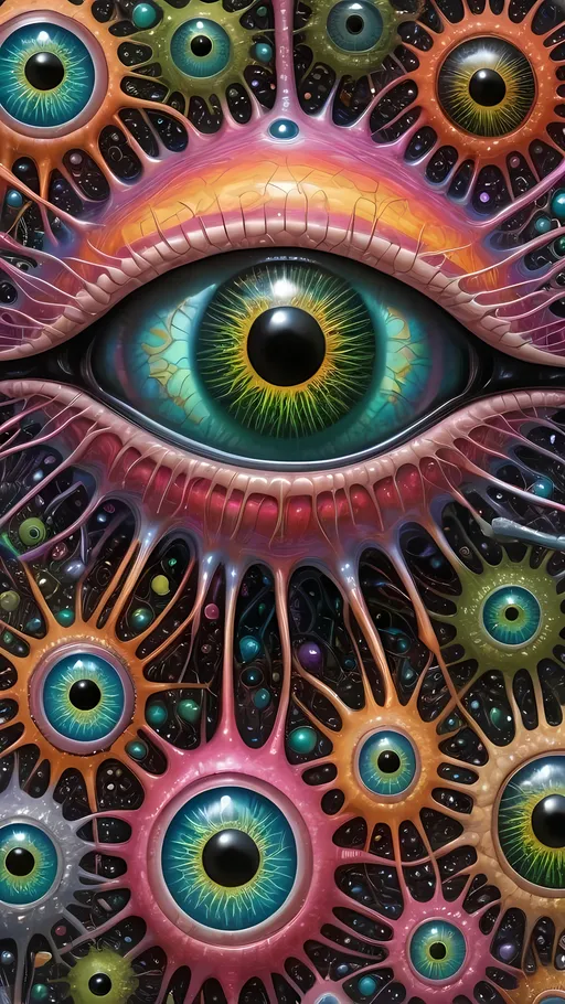 Prompt: an extremely hyper realistic ultra super textural weird trippy surreal psychedelic entity, crazy psychedelic compound human eyes, neurons, synapses, quasicrystals, nervous system, chemicals, rows of human teeth, translucent black, hot pink, pinks, silver, yellow, orange, green, teal, copper, Gyroid Structures, oil slick rainbow sheen effect, quasicrystals
