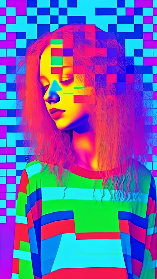 Prompt: <mymodel>Glitchy girl with long blond curly hair, glitched stretched pixels, psychedelic art style, highres, detailed hair, glitched effects, emotional expression, digital art, vibrant colors, surreal lighting