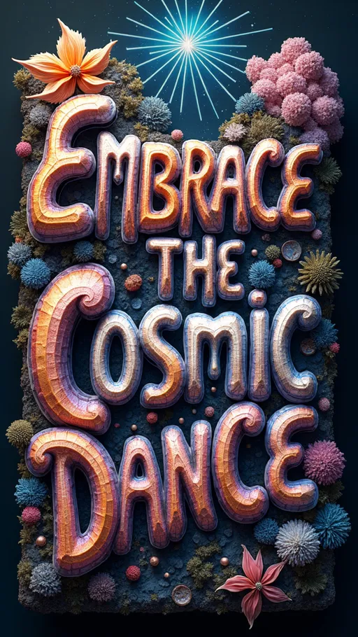 Prompt: "An extremely super hyperrealistic trippy weird surreal odd artwork featuring the phrase 'Embrace the Cosmic Dance' as the central element. 

The text itself is intricately woven into a vibrant tapestry of swirling fractal patterns, each letter morphing and flowing in harmony with the surrounding designs. These fractals, inspired by the Fibonacci sequence, spiral outward, creating a sense of infinite motion and interconnectedness.

The letters are composed of shimmering, iridescent colors that shift and change as if alive, reflecting the dynamic energy of the universe. They appear to be carved from a combination of crystalline structures and organic forms, with facets catching the light and adding depth and dimension to the scene.

Surrounding the text are elements from the natural world, such as Cladonia cristatella (British Soldier Lichen), Rhizopus stolonifer (Bread Mold), and Alectoria sarmentosa (Witch's Hair). These natural forms seem to grow and intertwine with the letters, their delicate structures adding texture and complexity to the artwork.

In the background, ethereal trails and webs of light represent quantum phenomena such as Quantum Entanglement and Quantum Foam. These trails weave through the fractals and text, symbolizing the unseen forces and connections that underpin reality.

Crystals and minerals such as Amethyst, Pyrite, and Fluorite are embedded throughout the scene, their vibrant hues and unique structures complementing the organic flow of the fractals and patterns. These elements add a touch of natural beauty and grounding to the ethereal landscape.

This artwork invites viewers to 'Embrace the Cosmic Dance,' encouraging them to immerse themselves in the surreal landscape and explore the infinite possibilities of the mind, with the text serving as both a focal point and a guide in this trippy, interconnected universe."