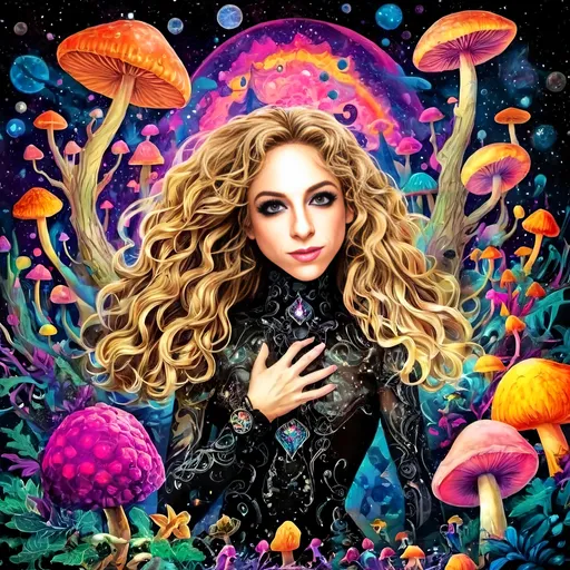 Prompt: A psychedelic trippy bright colorful vivid black light poster illustration of a girl with longish blond curly hair, with psychedelic magic mushrooms, trippy hallucinations, optical illusions and patterns, crystals, moss, forest, moon, geometry fractals