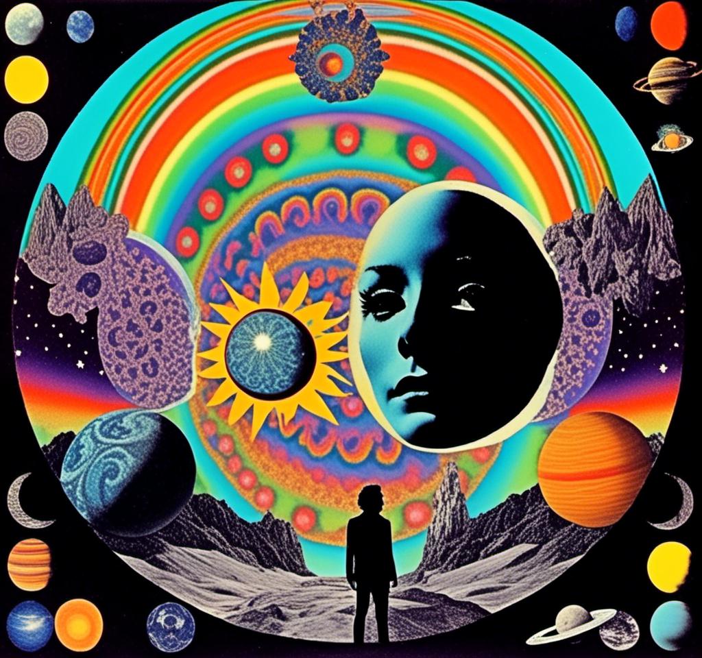 Prompt: A vintage 70s psychedelic collage with the theme “astral vacation”- incorporate themes of astral projection, the astral plane, the silver cord, use an astral brilliantly but sometimes muted opalescent color palette, & combine it all with planets, orbs, optical illusions and psychedelic trippy patterns, color spectrums as a surreal vintage psychedelic collage<mymodel>