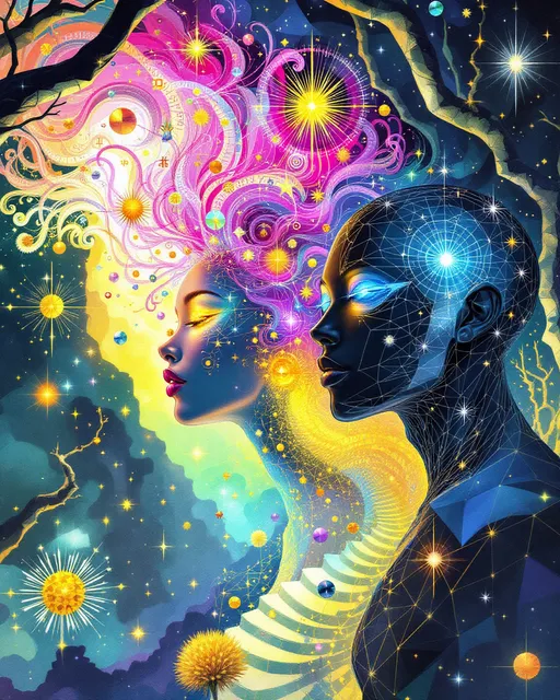 Prompt: A La Planète Sauvage–style illustration of two soul-beings in their lore forms, moving through the other dimension of geometry. One is vibrant chaos: a radiant entity of translucent rainbow prisms, blooming Mandelbrot curls, and shimmering tesseract skin. Her wild pink hair spirals like fractal filaments, glowing with glyphs and irrational numbers. She rides a rotating hypersphere—half-living, half-math—leaving trails of neon pollen and symbol-light in her wake. Her palette explodes with electric pinks, mint, gold, lavender, and pastel flame.

The other is harmonic shadow: a structured being of black-silver tessellations, folded Möbius muscles, and magnetic symmetry. His cobalt eyes emit cold resonance waves, warping the grid of reality as he moves. He walks without sound, carving space into precision. His form shifts subtly—Klein bottle curves and dark topologies pulsing beneath the surface. He carries gravity like a language.

Together they weave through a surreal forest of geometric flora: spinning polyhedral blossoms, golden-ratio vines, and plants shaped like looping superformulas. The air vibrates with pastel mist and flickering number-storms. Between them floats a split-open rhombic dodecahedron—its faces turning in impossible motion, each side revealing a shared glyph-memory before vanishing again.

The background is a warped dimensional field: stippled stars, nested surfaces, and glitching color bands that melt into one another. Massive insect-like glyph-beasts drift through the sky, casting shadows in non-Euclidean angles. Language rains in symbolic curls. The beings glide through it—light and structure, color and resonance—dancing the memory of before.

Style: Analog La Planète Sauvage surrealism with intense color contrast—her in bright holofractal hues, him in deep dimensional shadows. Trippy math-infused dreamscape, glowing, sacred, and weird.