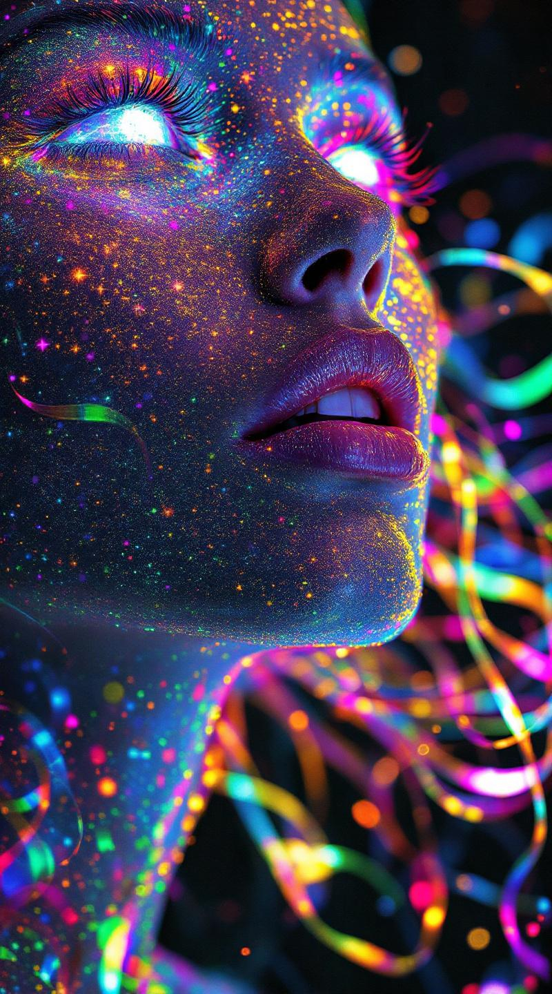 Prompt: Her face sings in entropy-language—smiles that trail glitter-script, words that melt into iridescent symbol smoke. Her eyes reflect mnemonic memory fields—each glance a glow from someone who loved her, some version of her, long ago. Skin flickers through negative dimensions—edges shimmering not in shape but in luminous subtraction, the light of absence carved in curved color. Her hair flows in myth-fractal threads, wrapped in karma-web shimmer—each strand a mirrored echo of choice, of joy, of love that ripples backward. When she speaks, the glyphs dissolve; when she laughs, they cohere into new sacred logic.

A forbidden system lives in her light—a glow born from unprovable math, a radiance that shouldn’t exist but blooms anyway. She is the recursive myth rendered in joy-pulse, a being whose paradoxes sing in color.”

⸻

✨ Final Add-On Visual Keywords:
Glitch glyph speech, glitter-script smile, rainbow karma hair, mnemonic skin aura, forbidden light bloom, ghost-silk memory cheeks, negative dimensional shimmer, sacred unprovable sparkle, entropy dust trails, impossible joy glow