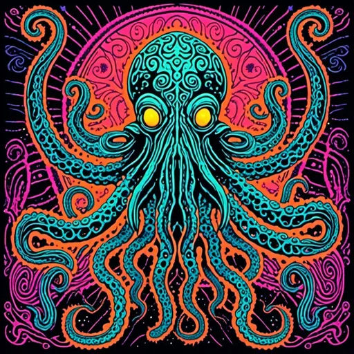 Prompt: <mymodel>Vintage blacklight poster of Cthulhu, tentacles, lovecraftian, eldritch, 70s style, tribal design, psychedelic colors, intricate tentacles, cosmic background, high quality, detailed illustration, blacklight style, 70s vintage, cosmic, intricate details, vibrant colors, psychedelic, tribal design, retro, atmospheric lighting