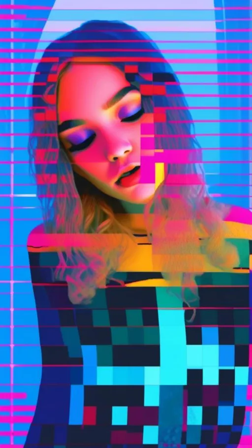 Prompt: <mymodel>Glitchy girl with long blond curly hair, glitched stretched pixels, psychedelic art style, highres, detailed hair, glitched effects, emotional expression, digital art, vibrant colors, surreal lighting