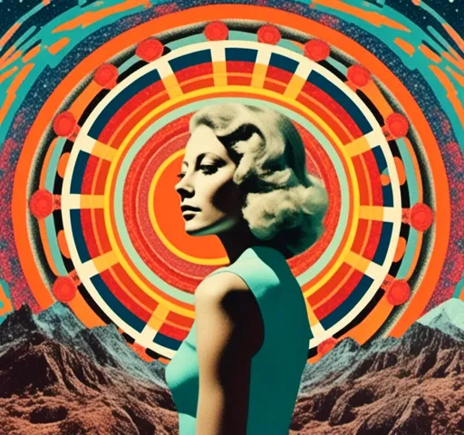 Prompt: <mymodel>Psychedelic trippy collage with a surreal vintage 70s sci-fi feel, vibrant colors, retro futuristic elements, surreal landscapes, detailed psychedelic patterns, high quality, vintage sci-fi, mixed with photograph of a woman with blond curly hair, geometric shape and optical illusions, vibrant colors, surreal, detailed patterns, trippy, collage, 70s, retro futuristic, eyes, surreal landscapes, detailed, atmospheric lighting